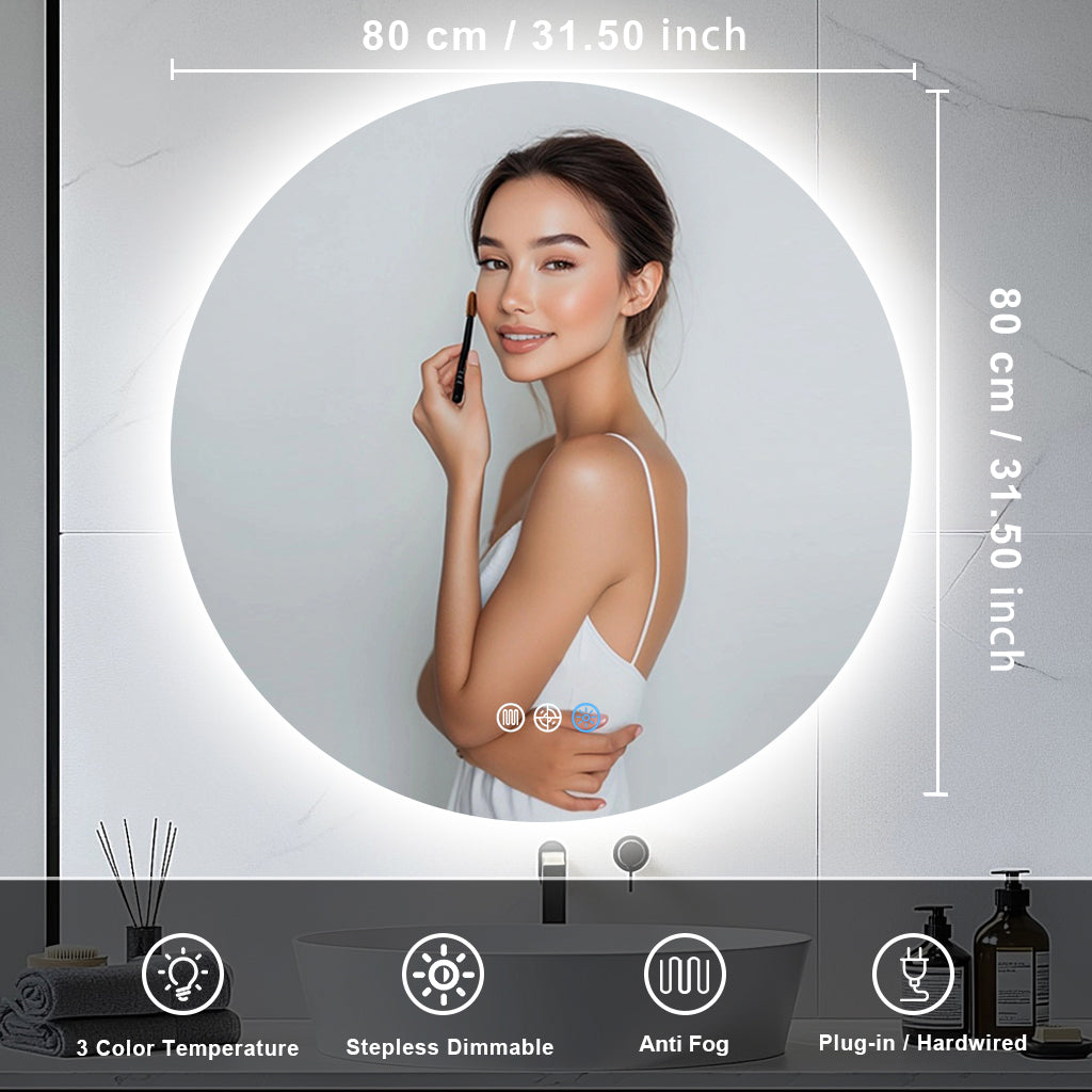 Espejo de baño LED Gloviea (redondo) con luces regulables, antivaho y sensor de movimiento por radar (sin cobre)