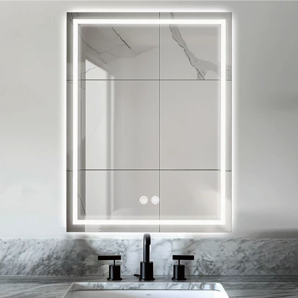 Espejo de baño LED Gloviea con esquinas cuadradas pulidas, luces regulables, antivaho y sensor de movimiento por radar (sin cobre)