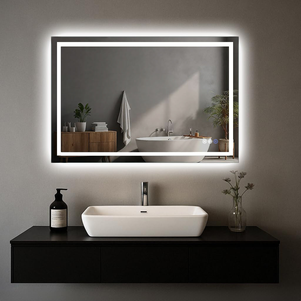 Miroir de salle de bain LED Gloviea avec coins carrés polis, éclairage à intensité variable, anti-grenouille et détecteur de mouvement radar (sans cuivre)