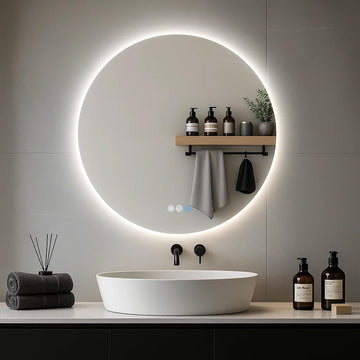 Miroir de salle de bain LED Gloviea (rond) avec éclairage à intensité variable, anti-insectes et détecteur de mouvement radar (sans cuivre)