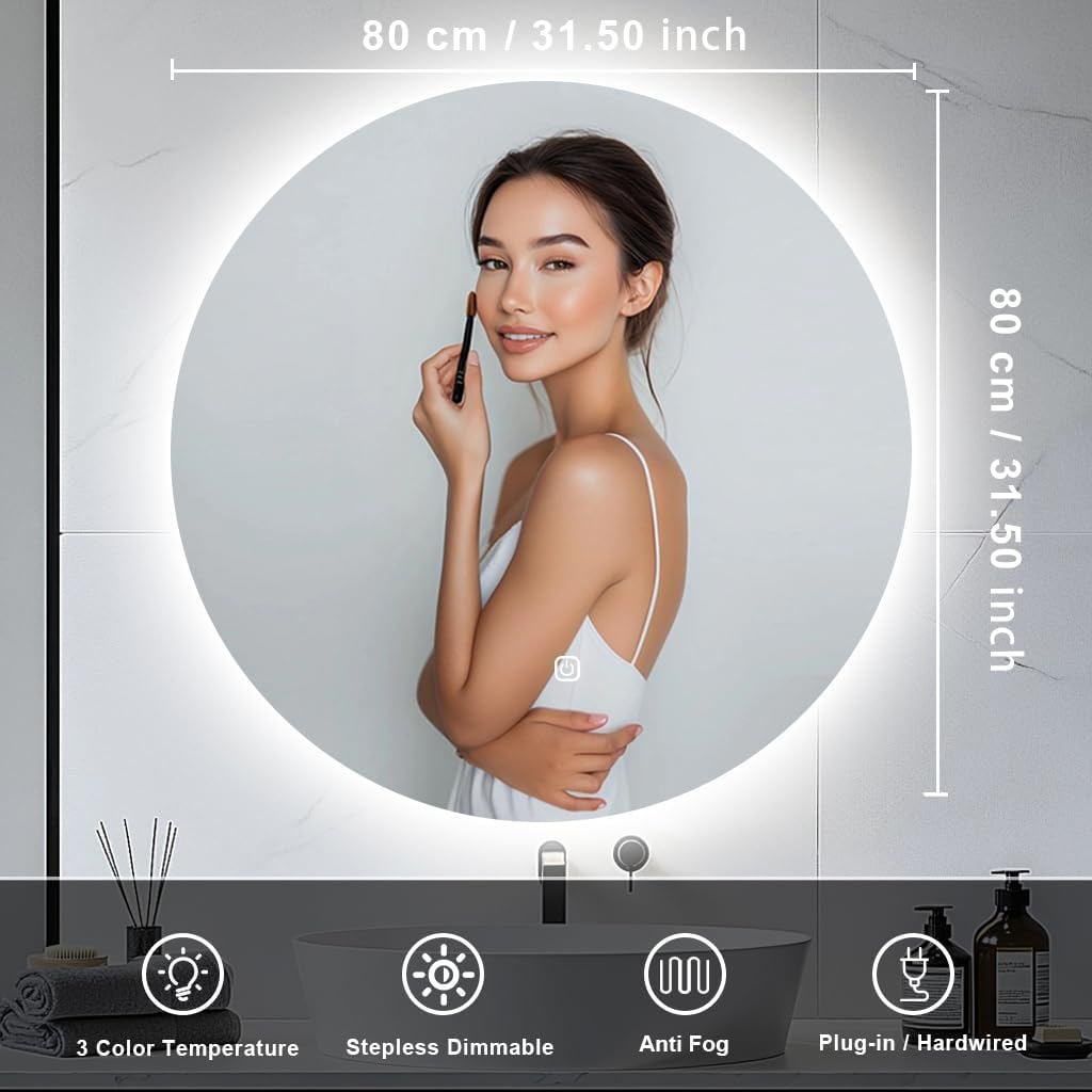 Round LED Bathroom Mirror – Dimmable Backlit Design, Anti-Fog, Memory Function