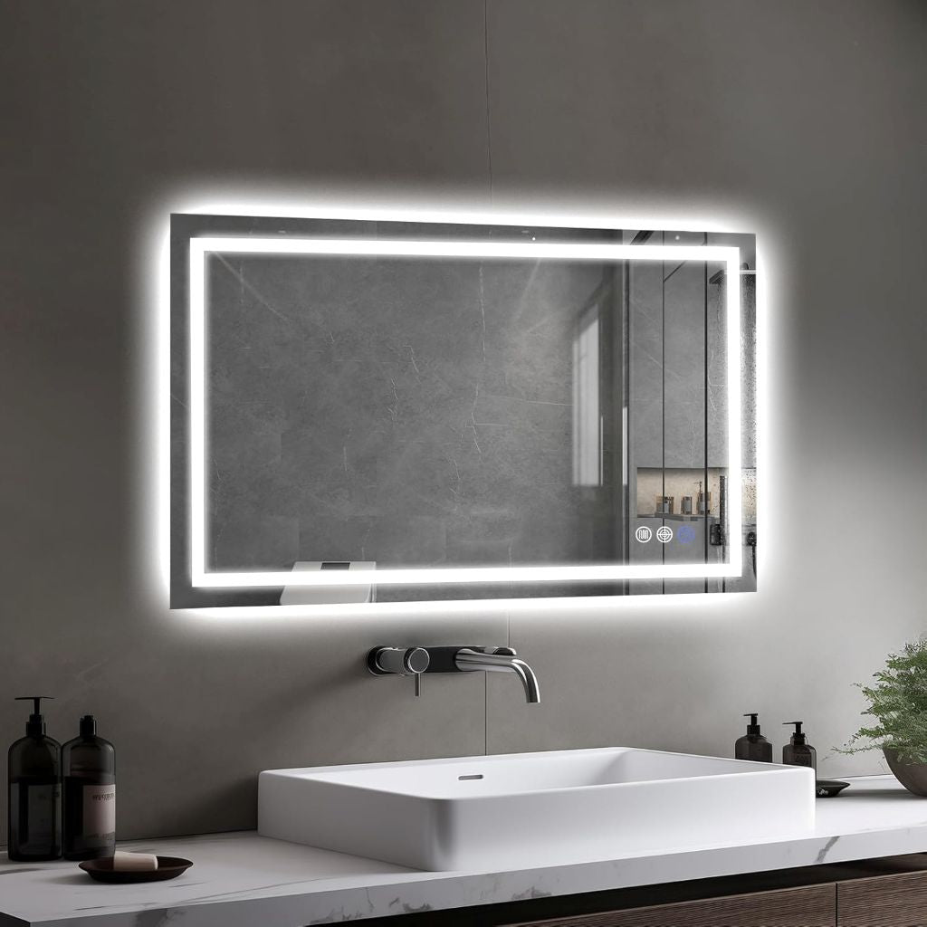 Miroir de salle de bain LED Gloviea avec coins carrés polis, éclairage à intensité variable, anti-grenouille et détecteur de mouvement radar (sans cuivre)