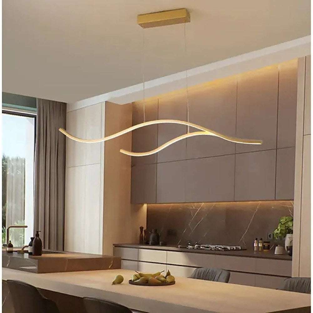 Modern Wave LED Island Pendant Light – Dimmable, Adjustable Height, Black Finish