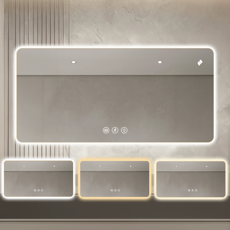 LED Bathroom Mirror with Rounded Corners – Dimmable Backlit, Anti-Fog, Motion Sensor, Time & Temp Display