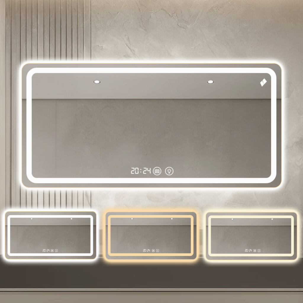 LED Bathroom Mirror with Curved/Rounded Corners – Dimmable Lighting (Front-Lit + Backlit),  Anti-Fog, Radar Motion Sensor, Time & Temp Display
