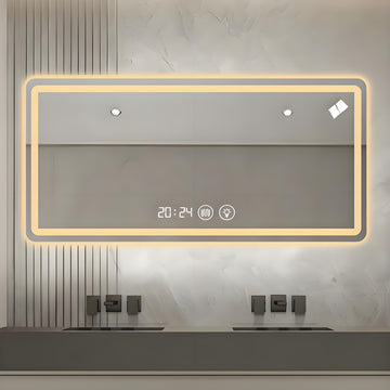 LED Bathroom Mirror with Curved/Rounded Corners – Dimmable Lighting (Front-Lit + Backlit),  Anti-Fog, Radar Motion Sensor, Time & Temp Display