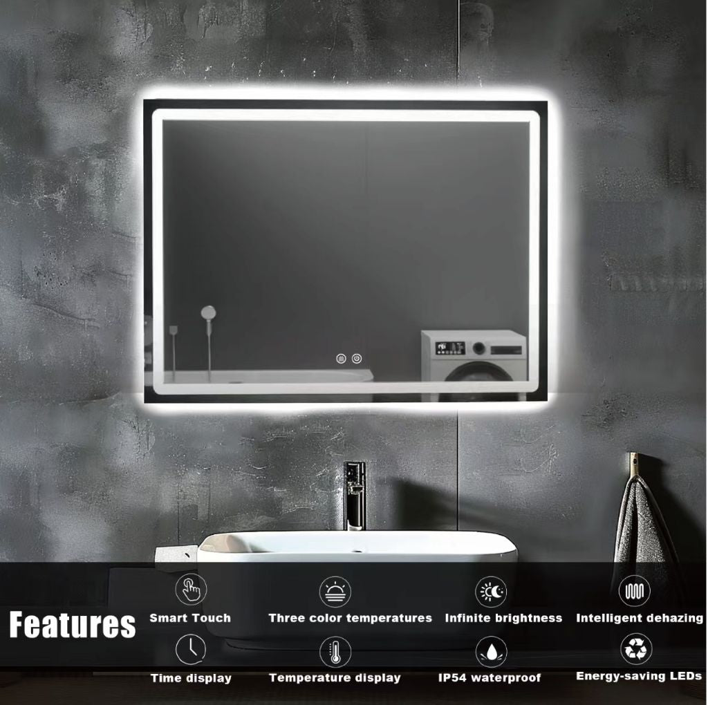 Miroir de salle de bain LED Gloviea avec coins carrés polis, éclairage à intensité variable et anti-griffures (sans cuivre)