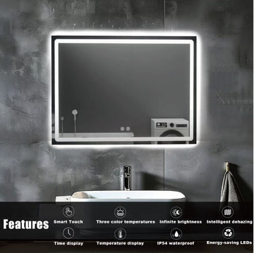 Miroir de salle de bain LED Gloviea avec coins carrés polis, éclairage à intensité variable et anti-griffures (sans cuivre)