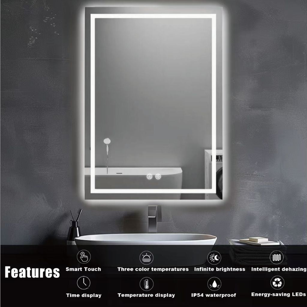 LED Bathroom Mirror with Polished Square Corners – Dimmable Lights, Anti-Fog